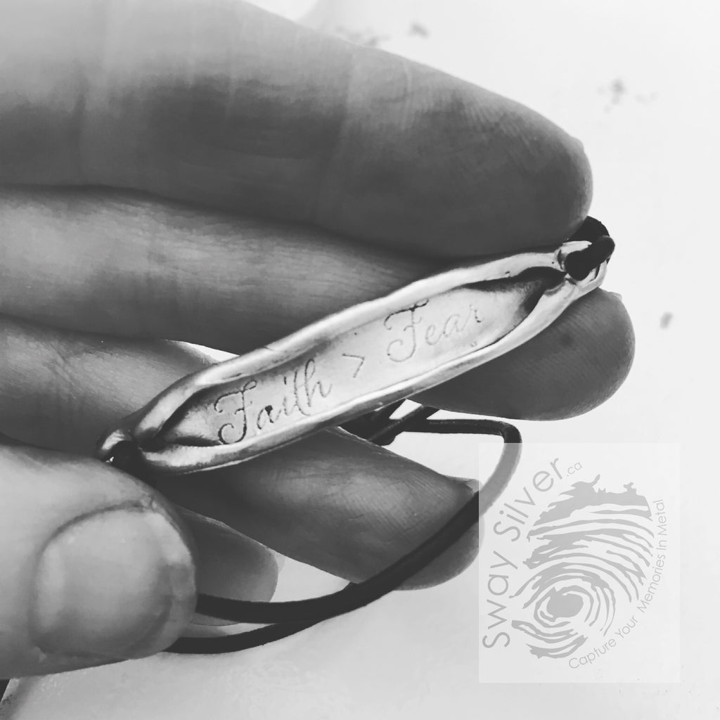 Be Reminded Bracelet Sterling Silver & Leather Bracelet Inspiration, Motivation, Words of Wisdom. Faith Greater Than Fear. Sliding knot adjustable leather bracelet.