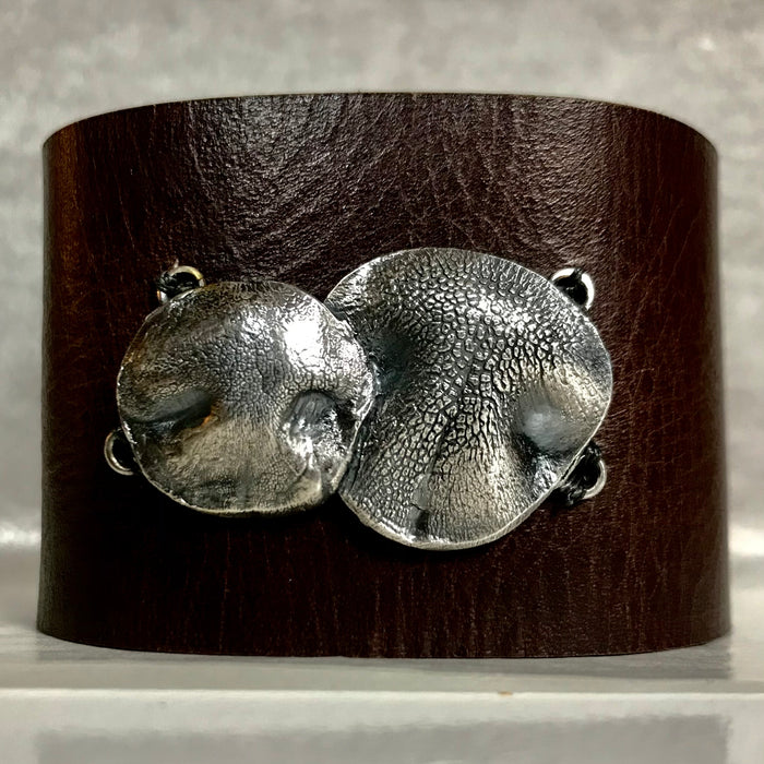 Sway Silver two Sterling Silver Dog Noses on a leather cuff bracelet